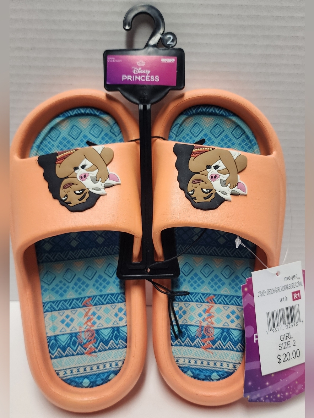 Size 2 Kids Girls Disney Moana Slides Orange Sandals Slip On Beach Ground Up New